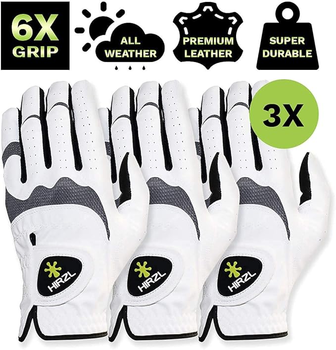 HIRZL Trust Hybrid – Men’s All Weather Golf Glove | Kangaroo Leather | Ultimate Grip and Ergonomic Fit, White/Black (Pack of 3)