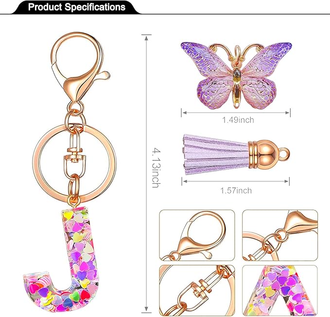 JINGUAZI Initial letter Keychains for Women Tassel Butterfly Pink Purple Cute Car Keychain for Wallet Backpack bag charm