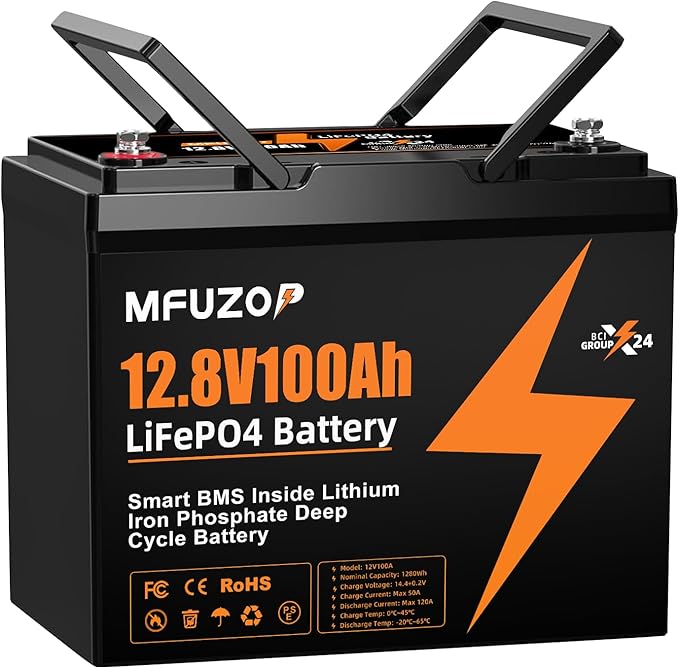 12V 100Ah LiFePO4 Lithium Battery with 100A Smart BMS, Deep Cycle Marine Battery 12V, Max 1280Wh Energy, Group 24 for RVs, Vans, Trailers, Motorhomes, and Boats (12V100Ah-Group 24)