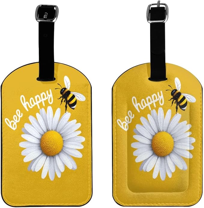 White Daisy Luggage Tag for Suitcases,Inspirational Quote Bee Happy Yellow PU Leather Baggage Tags Bag Tags Travel Id Label for Luggage Women Men -1 Piece