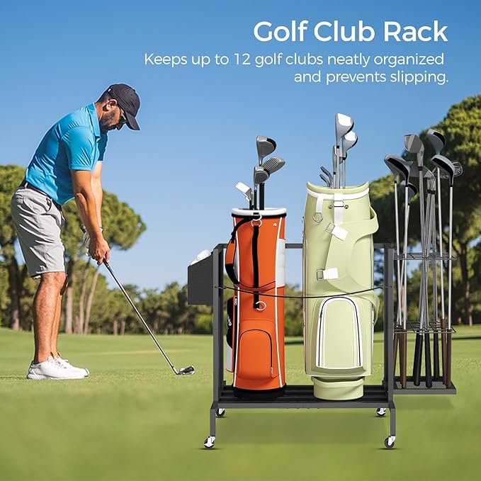 Golf Bag Organizer for Garage, Golf Bag Storage Stand Fits 2 Golf Bags, Freestanding Golf Club Holder for Garage, Shed, Home, Basement, Other Golfing Equipment Accessories, Black BEBK17501