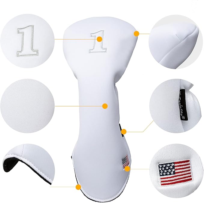 Golf Driver Head Covers 3-Pack for Men & Women - Premium PU Leather with Elephant Embroidery, Double Elastic Band (Driver/Fairway/Hybrid), Waterproof & Durable - White Grey or Black Grey