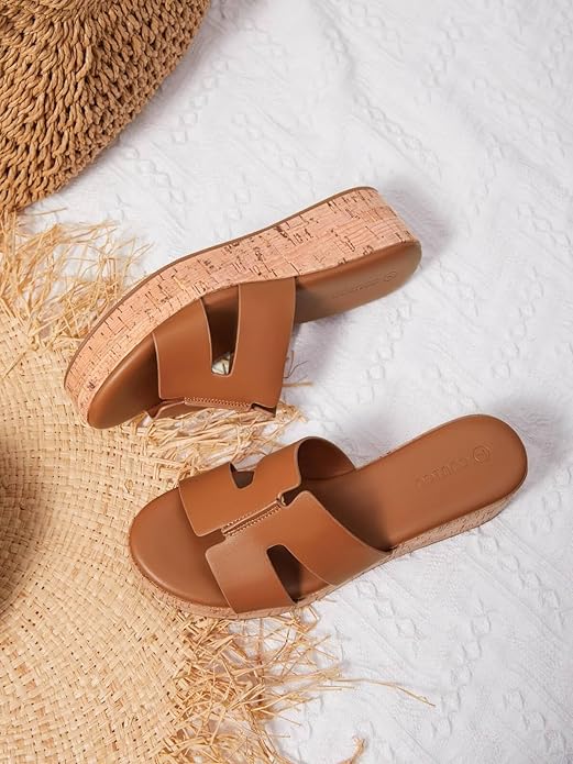 Coutgo Womens Platform Wedge Sandals Open Toe Slip On Slides Cork Heeled Comfortable Shoes