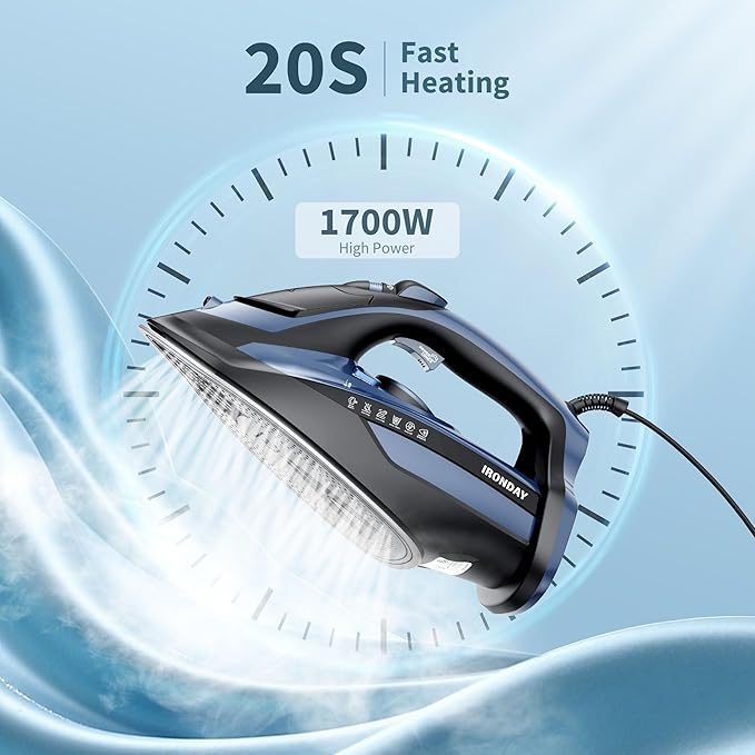 Steam Iron for Clothes 20s Fast Heating, 1700W Iron with 15.21oz Large Water Tank, 3-Way Auto shutoff, Burst Steam, Spray Mist, Anti-Drip, Self-Cleaning, Vertical Ironing for Home, Blue