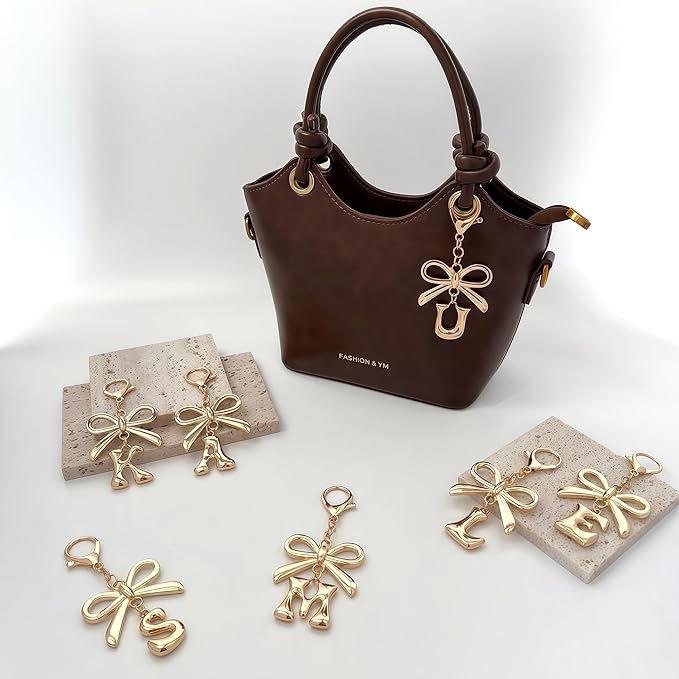 Gold Bubble Heart, Cherry, Bow & More Designs Letter Initial Keychain Bag Charms – Cute Purse Charms for Handbags