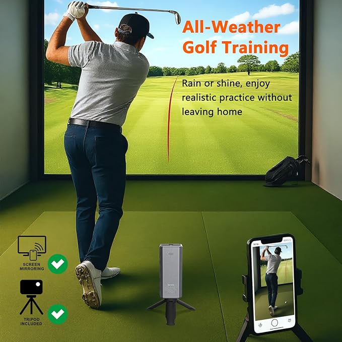 Golf Launch Monitor & Simulator: Portable Swing Analyzer for iOS/Android with Virtual Course, 3D Trajectory for Indoor/Outdoor Use