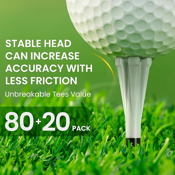 FINGER TEN Unbreakable Golf Tees Plastic 80 3 1/4" or 2 3/4" Driver Tees with 20 1 1/2" Iron Tees Assorted Pack, Low Resistance & Consistent Height Long Short Tees with Bright Colors