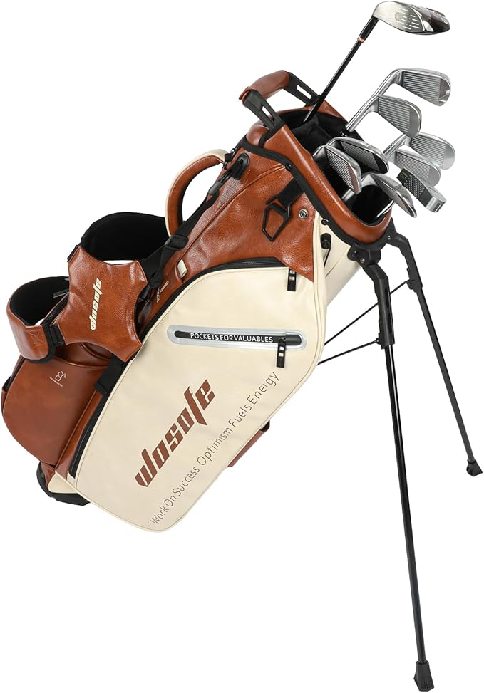 Lightweight 14-Way Golf Stand Bag, PU Leather Golf Bag Waterproof Men Women Full Length Top Dividers, Multiple 8 Pockets Cooler Pouch Adjustable Detachable Shoulder Dual Straps Rain Cover Hood