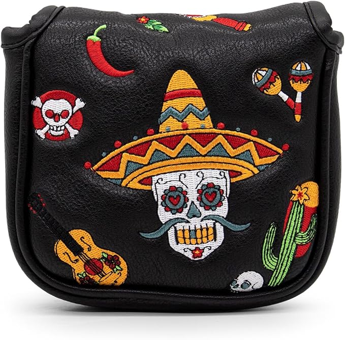 Golf Club Headcover for Drivers, Fairway Woods, Hybrids, and Mallet Blade Putter Sugar Skull Style Premium Leather Golf Headcovers Set with Interchangeable No. Tags
