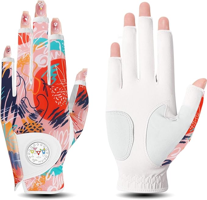 FINGER TEN Stylish Golf Gloves Women with Ball Marker 1 Pack for Left or Right Hand, Breathable Glove with Fashion Patterns for Ladies Right Left Handed Golfer
