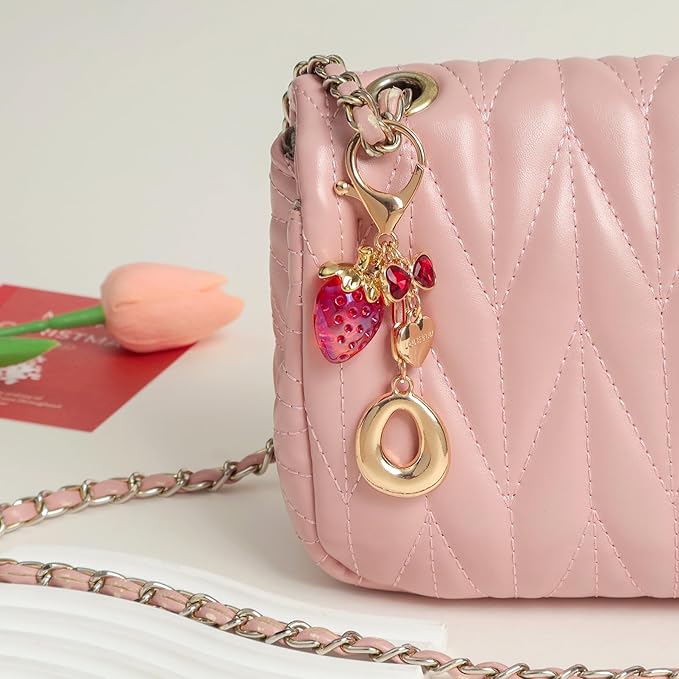 Snycler Bubble Initial Keychain with Strawberry & Bow- Gold Letter Bag Charms for Women, Cute Purse Handbag Accessories