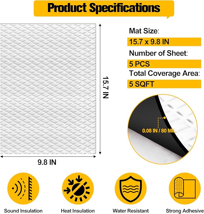 MYFAMIREA 5 sqft Car Sound Deadening, Sound Deading Material Mat for Car 80mil(2mm), Butyl Automotive Sound Deadening with Self-Adhesive, Noise Insulation and Dampening, Auto Deadener for Trunk, 5P