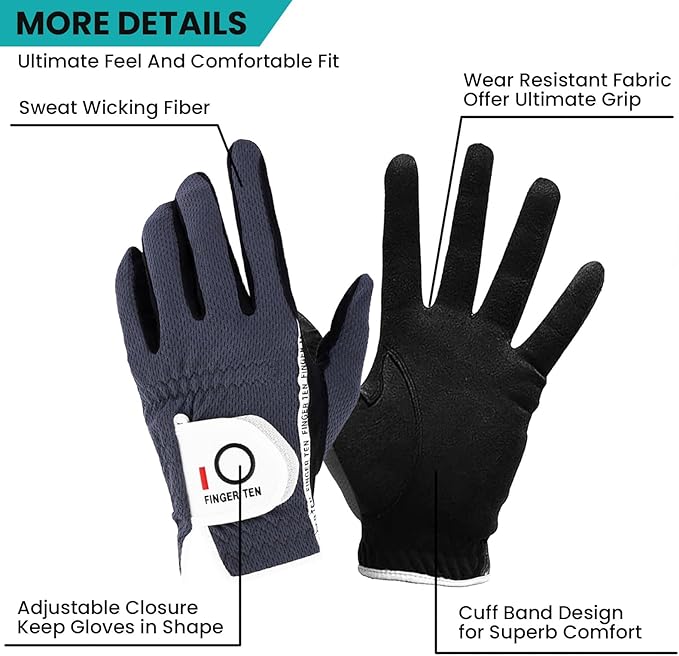 FINGER TEN Premium Rain Grip Men's Golf Gloves 1 Pair, Hot Wet Weather No Sweat Glove for Serious Feel & Performance, Left Right Hand Black Gray White Blue Fit Size S M L XL 2XL 3XL