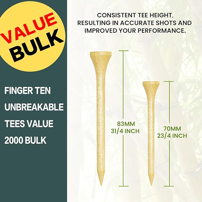 FINGER TEN Bamboo Golf Tees Wood 1 1/2 2 3/4 3 1/4 Inch Wooden Short Long Tee Color Bulk 250/500/1000/2000 Count for Men Women Kids in Red Pink USA Flag