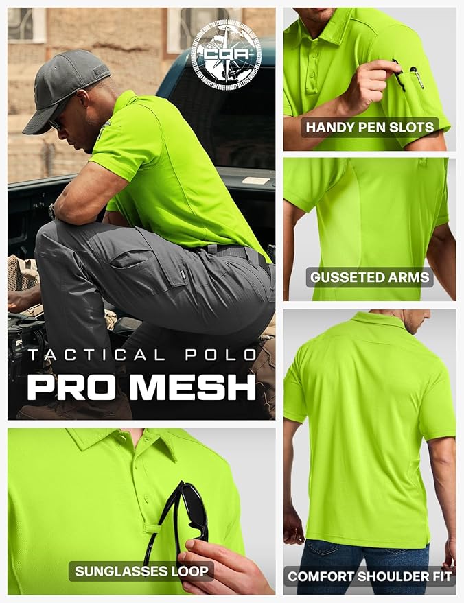 CQR Men's Polo Shirts, Tactical Short Sleeve Golf Performance Shirts, Lightweight Dry Fit UPF 50+ Pique