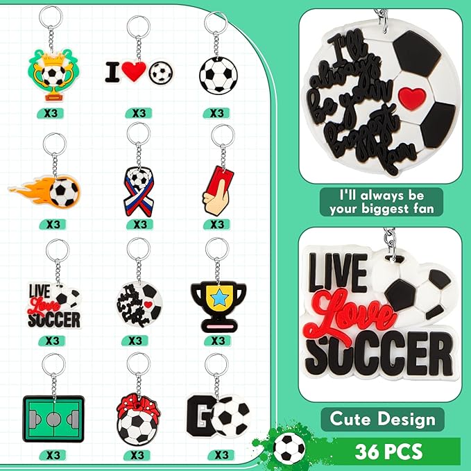 Batiyeer 36 Pack Soccer Keychains Bulk Party Favors Sports Ball Key Chains Funny Keyring Gifts for Women Men Birthday Supplies