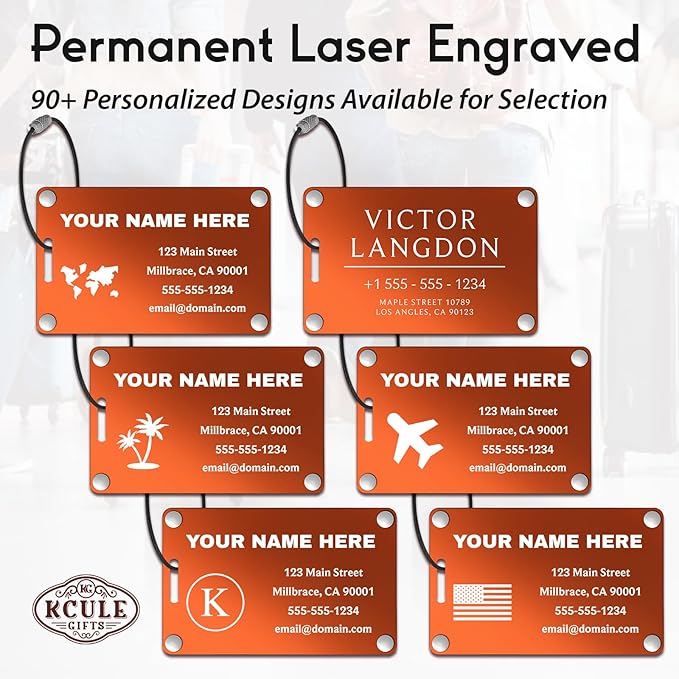 Personalized Luggage Tags: Custom Metal Luggage Tags for Suitcases, Backpacks and Bags with Your Personalized Text (Orange)