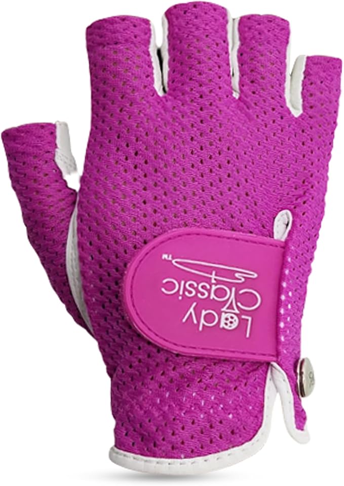 Mesh Half Golf Glove for Women – Premium Cabretta Leather Palm, Breathable Mesh Back, Half-Finger Design Ladies Golf Glove for Enhanced Grip & Comfort