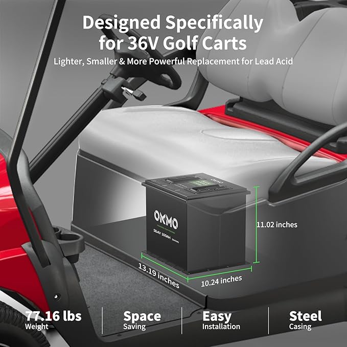 OKMO 36V 100Ah Lithium Golf Cart Battery Built-in Smart 250A BMS with 43.8V 22A Battery Charger APP Supported 4000+ Cycles