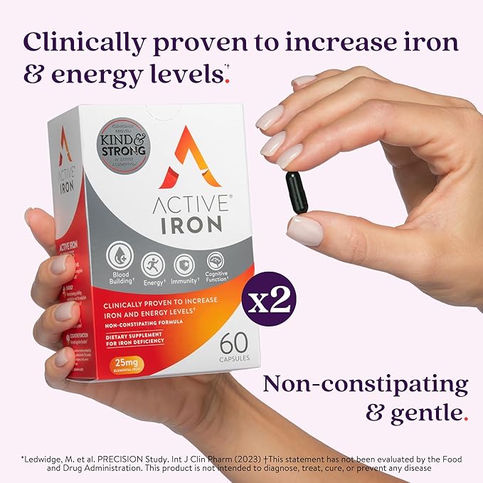 Active Iron Supplement 25mg – Clinically Proven to Increase Iron & Energy Levels – Gentle, Non-Constipating, Highly Absorbed – 120 Capsules