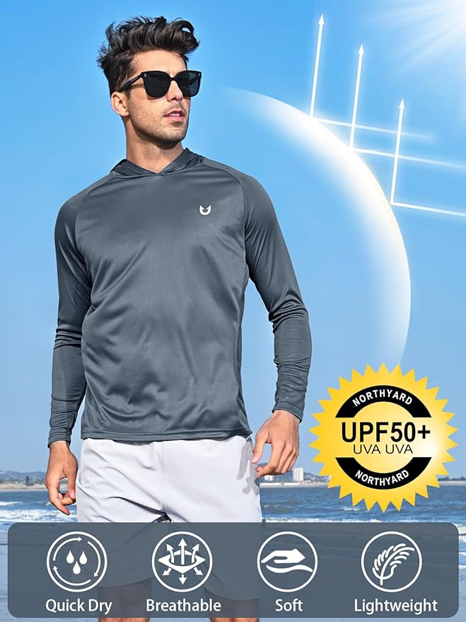 NORTHYARD Men's UPF 50+ Hoodie Shirts Long Sleeve Sun Protection Fishing Swim Beach UV SPF Rash Guard Quick Dry Lightweight