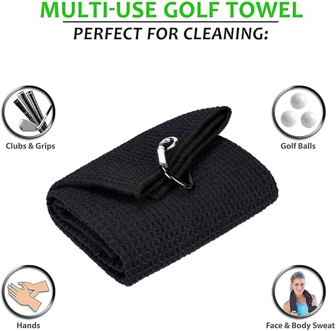 Golf Towels, Microfiber Waffle Pattern Tri-fold Golf Towel - Brush Tool Kit with Club Groove Cleaner, with Clip Men Women Golf Gifts (2 Black Towel+Black Brush)
