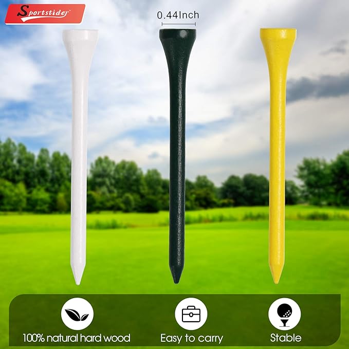 Golf Tees, 3 1/4Inch, 77 Count,Professional Deluxe Wooden Golf Tee, More Than 20 Colors Combination, Natural Hard Wood Golf Tee