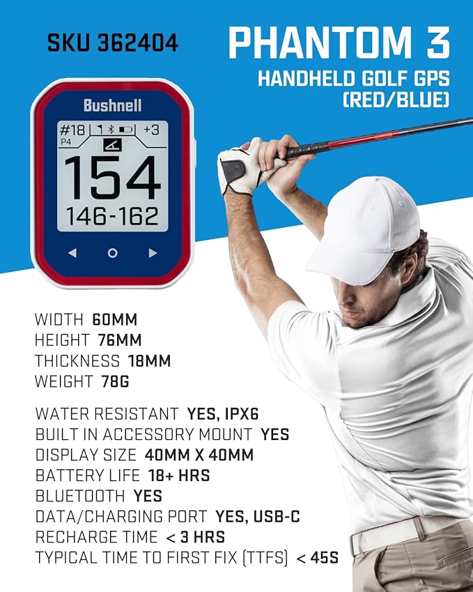 Bushnell Phantom 3 Slope Golf GPS Rangefinder (Blue) with BITE Magnetic Mount and GreenView with Slope-Adjusted Distances, 38,000+ Courses, Auto Hole Advance with Wearable4U Cleaning Cloth Bundle