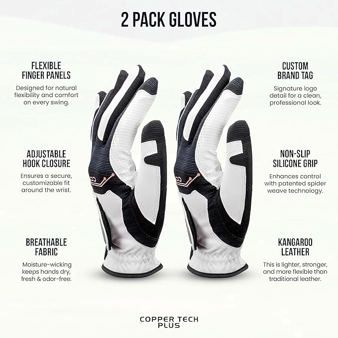 Copper Infused Golf Glove for Men – White/Black – 2 Pack – Compression Fit, Arthritis Relief, Non-Slip Grip – USGA Approved