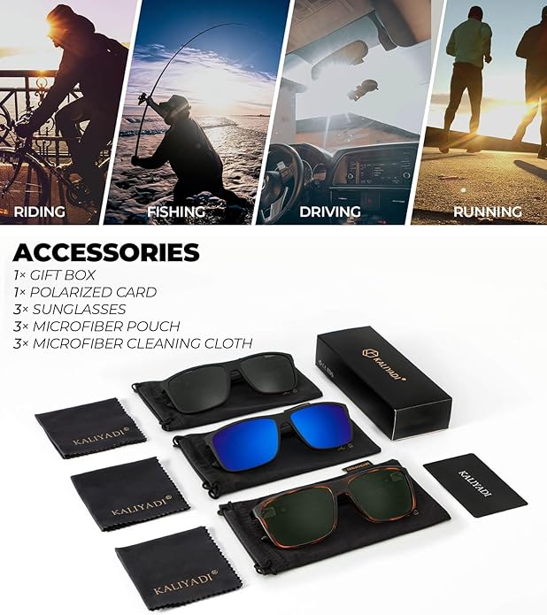 KALIYADI Polarized Sunglasses for Men and Women, Mens Sun Glasses with UV Protection for Driving Fishing Golf (3 Packs)
