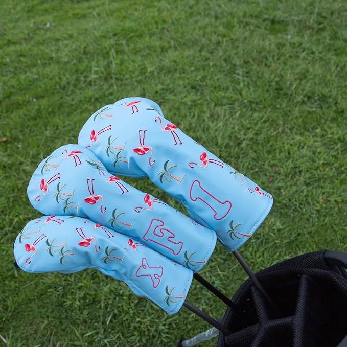 Golf Club Head Covers Golf Driver Fairway Hybrid Head Cover Flamingo Design Premium Leather Waterproof Driver Fairway(FW) Wood Hybrid(UT) with Number Tags 3 Wood Headcover