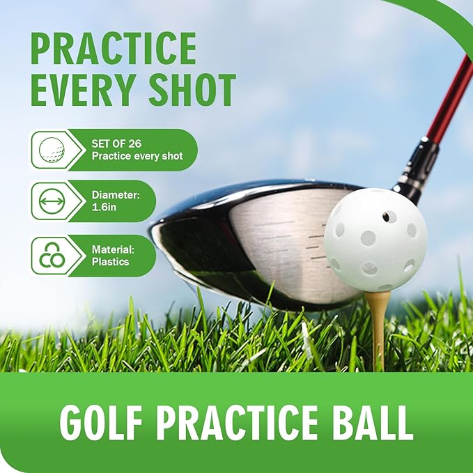 26 Pack Practice Golf Balls, 41mm Hollow Airflow Plastic Golf Balls with Golf Tees, for Indoor Outdoor Driving Range Backyard Swing Practice