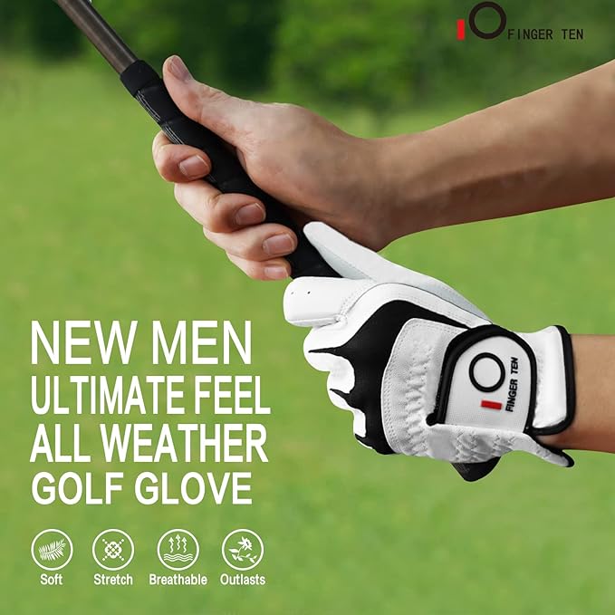 FINGER TEN Premium Cabretta Leather Golf Gloves Men 3 Pack for Right Left Handed Golfer, Comfortable Glove with All Weather Grip for Left Right Hand Size S M ML L XL