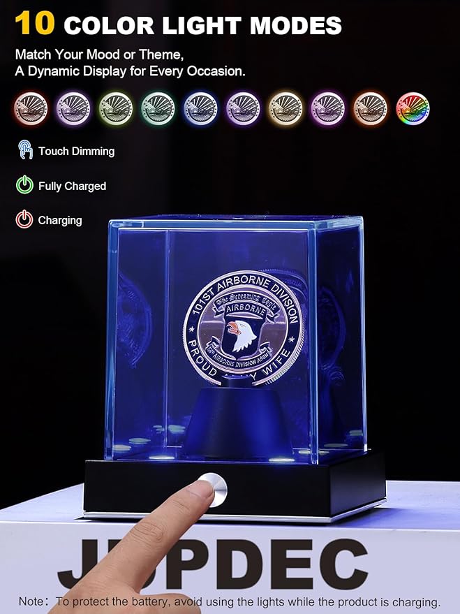 JupDec Cordless LED Challenge Coin Display Case, Clear Acrylic Single Silver Dollar Holder with 10 Color Light up, Autograph Coin Showcase with Memory Function, Ideal Gift for Sports Fans