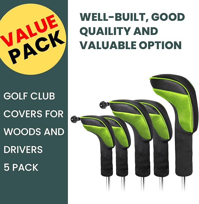 FINGER TEN Golf Club Head Covers for Woods Driver Fairway Hybrid Value 3/5 Pack, Long Headcover Interchangeable Accessories for Ultimate Club Protection