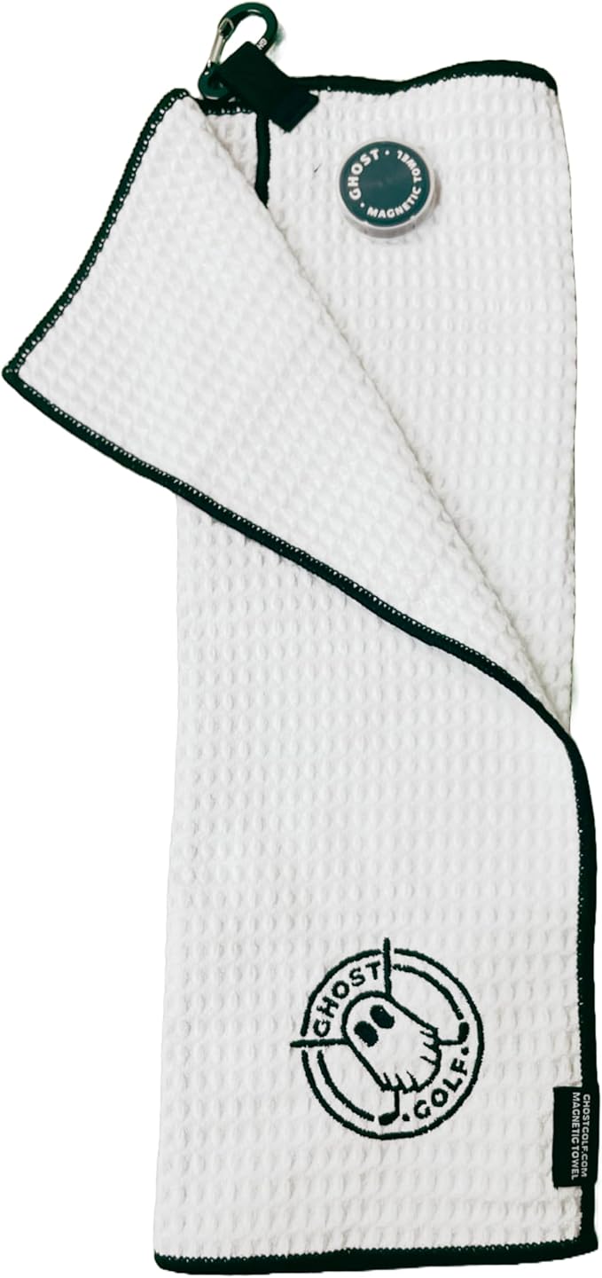 Ghost Golf Magnetic Towel (Greenside) - Premium Ultra-Absorbent Microfiber Golf Towel with Magnet for Golf Carts or Clubs - 18" x 18" Golfing Gear - Waffle Weave Pattern (White)