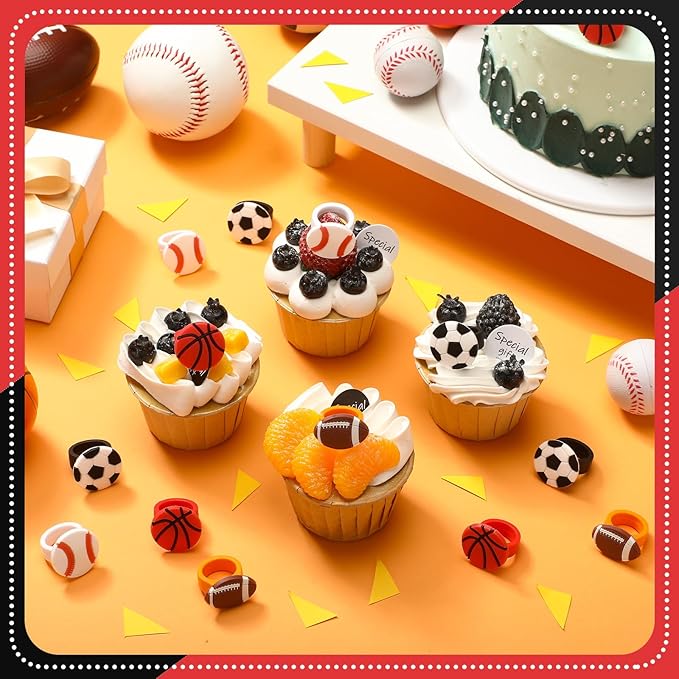 Honeydak 48 Pcs Sports Cupcake Toppers Basketball Softball Football Soccer Cupcake Rings Toppers Picks Decoration for Sport Baby Shower Birthday Party Cake Supplies