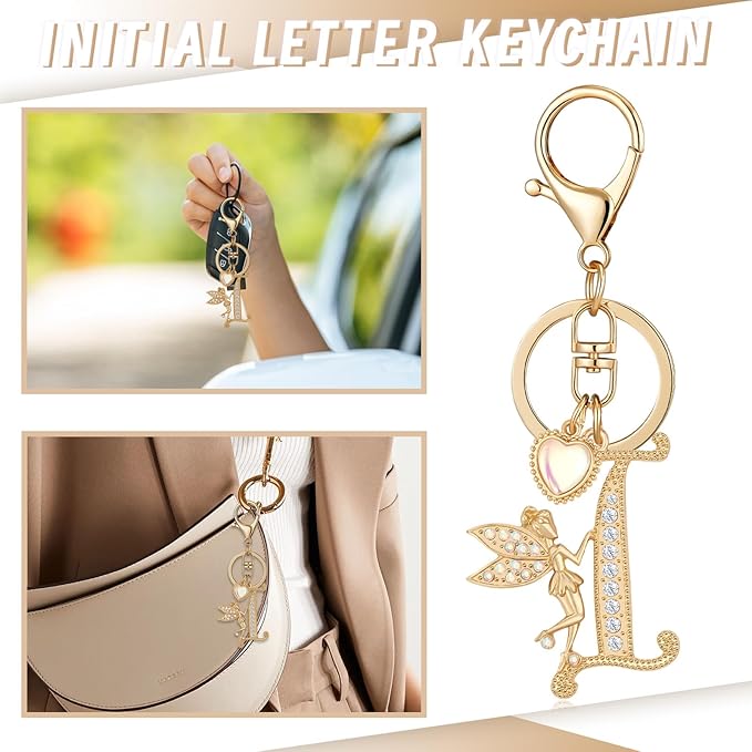 Gold Plated Alphabet Initial Letter Keyring Keychain for Women Girls Crystal Key Chains for Wallet Backpack Bag Charm