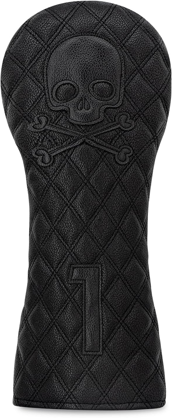 Grid Black Line Skull Golf Club Covers – Driver Headcover, Fairway Wood & Hybrid, 3 Wood Headcover, Black Skull Leather, Waterproof Easy-Clean, Universal Fit The Most Brands