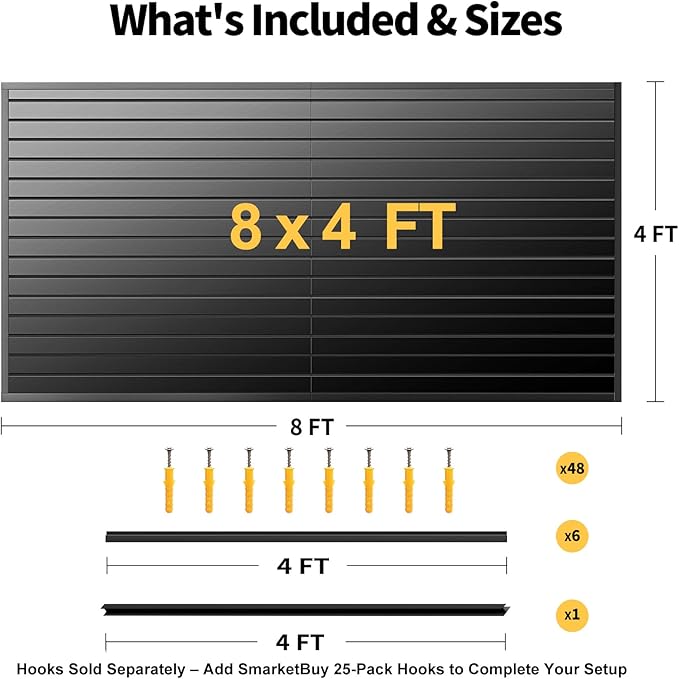 Slat Wall Panels 8x4 ft, Heavy-Duty PVC Garage Slatwall Panel with Trim & Screws, Interlocking Black Wall Panels, Garage Wall Organizer Slat Board PVC Wall Panel for Tools and Sports Equipment Storage