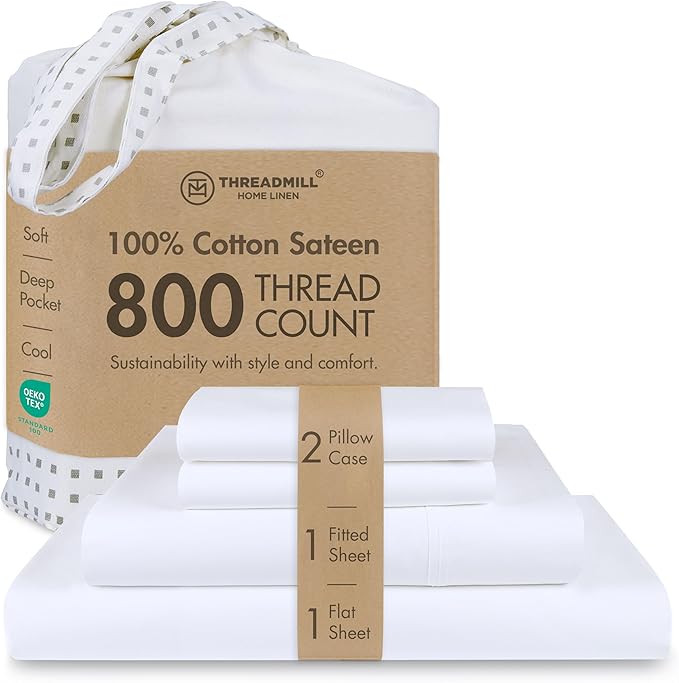 Threadmill Luxury Queen Sheet Set 800 Thread Count for Queen Size Bed - Hotel White Sateen Queen Bed Sheets, Better Than Egyptian Cotton,4 Pc Solid Soft Breathable Bed Set, Fits 16" Deep Pocket