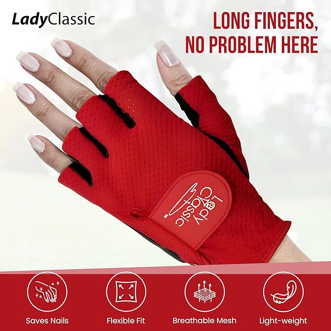 Mesh Half Golf Glove for Women – Premium Cabretta Leather Palm, Breathable Mesh Back, Half-Finger Design Ladies Golf Glove for Enhanced Grip & Comfort