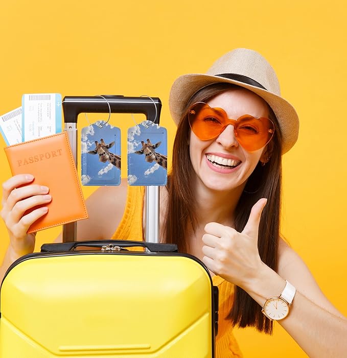 TSA Approved Luggage Tags for Suitcases Giraffe Blue Sky 2 Pack Funny Leather Carnival Cruise Airport Cute Travel Name Tags Golf Bag tag Ships Essentials Privacy Cover ID Label for Women Men