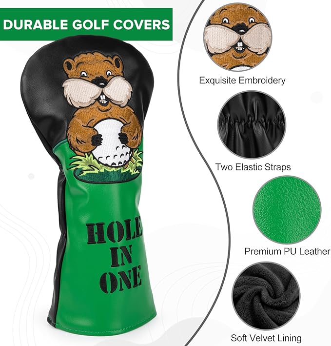 Golf Club Head Covers, Gopher Style Embroidery Golf Club Covers for Woods and Driver Fairway Hybrid, PU Leather Golf Head Covers for Men Women with Interchangeable Tags, Fits Most Golf Clubs