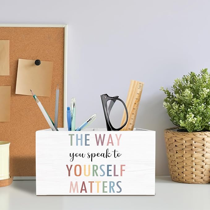 Boho Mental Health Pen Holder for Desk, Psychology Gifts Pencil Organizer, The Way You Speak to Yourself Matters Wooden Box Sign Desk Decor for Therapy Office Classroom Decoration