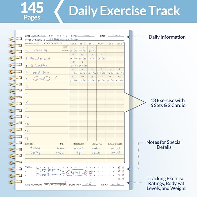 Fitness Journal Workout Planner for Women & Men, A5 (6.4" x 8.3") Workout Journal Log Book Planner Gift for Track Gym Essentials, Home Workouts, Track Progress, Achieve Wellness Goals, Grey Blue