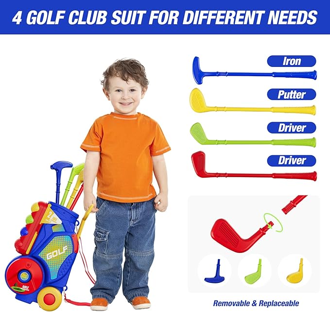 Toddler Golf Set 2-4 Years, Kids Golf Club with 8 Balls, 4 Plastic Clubs, Putting Mat, Scoreboard, Storage Bag, Indoor Outdoor Game with Golf Cart Sport Toy Gift for Baby Boys Girls Age 3-5, Blue