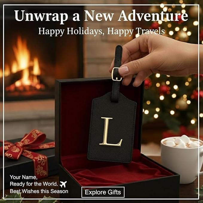 Personalized Initial Letter Luggage Tag for Suitcases PU Leather Baggage ID Tag with Metal Alphabet,Travel Accessory for Backpacks, Bags and Gift for Travelers (Black/Gold-Letter, L)