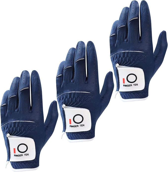FINGER TEN All Weather Grip Golf Gloves Men Value 3 Pack for Right Handed Golfer, Hot Wet Rain Grip & Comfort Soft Glove for Premium Performance, Colors White Black Blue Sizes S M L XL