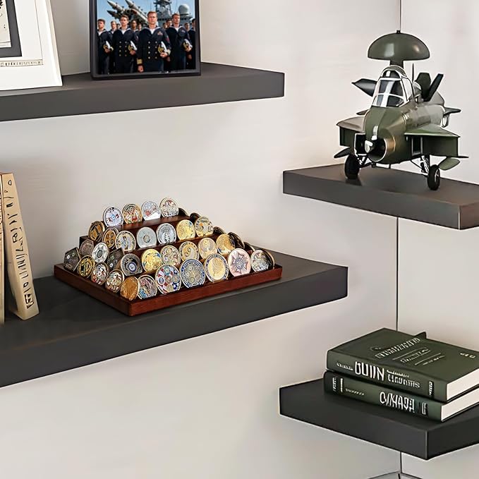Challenge Coin Display Holder, Military Coin Display Stand 4-Tier for Collectors,Wooden Army Coins Collection Rack, Coin Stands for Display Desk Decor Walnut
